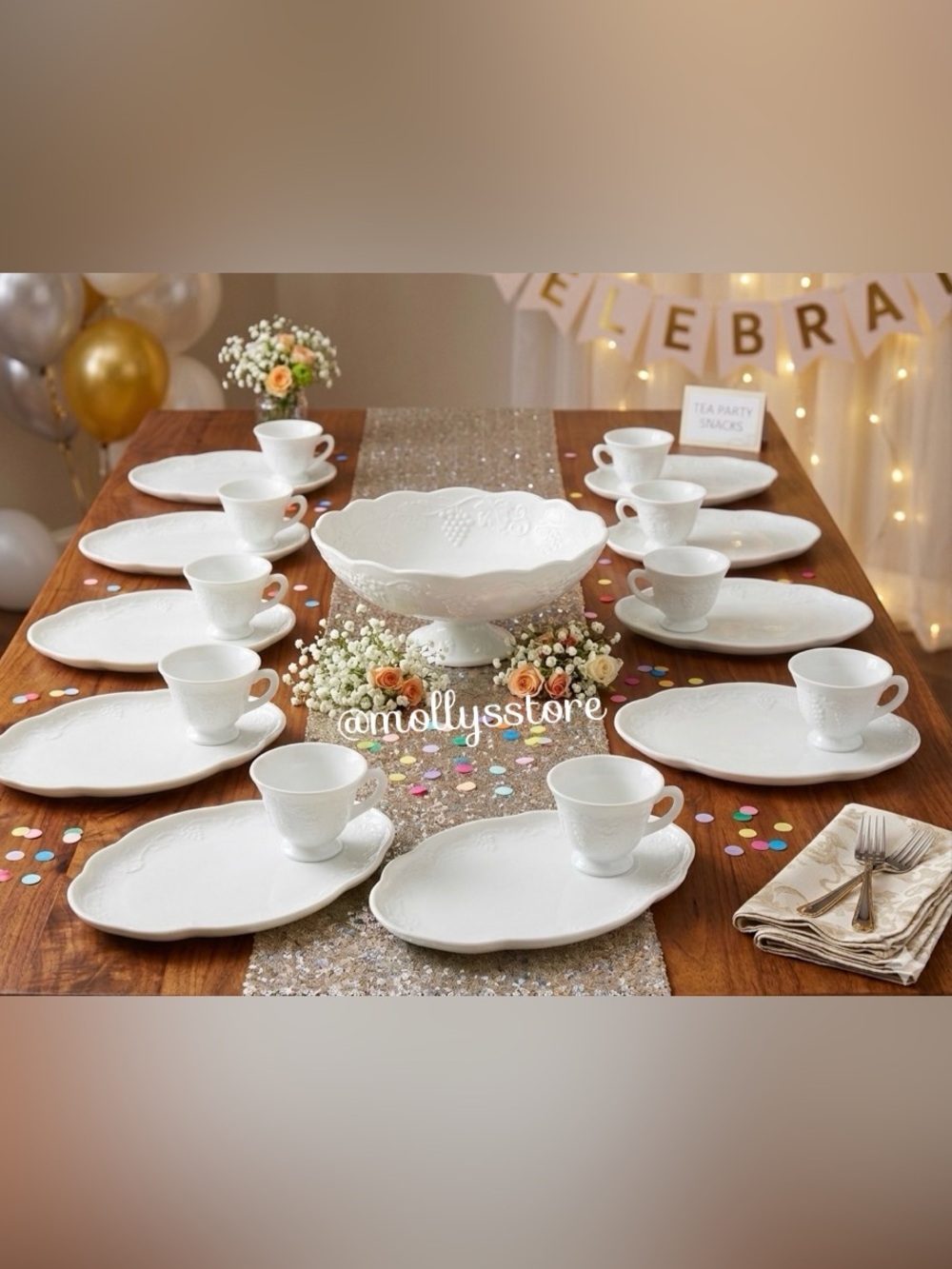 🌸 Vintage Indiana Glass Milkglass Snack Tray and Cup Sets, Set of 10, 20-Piece